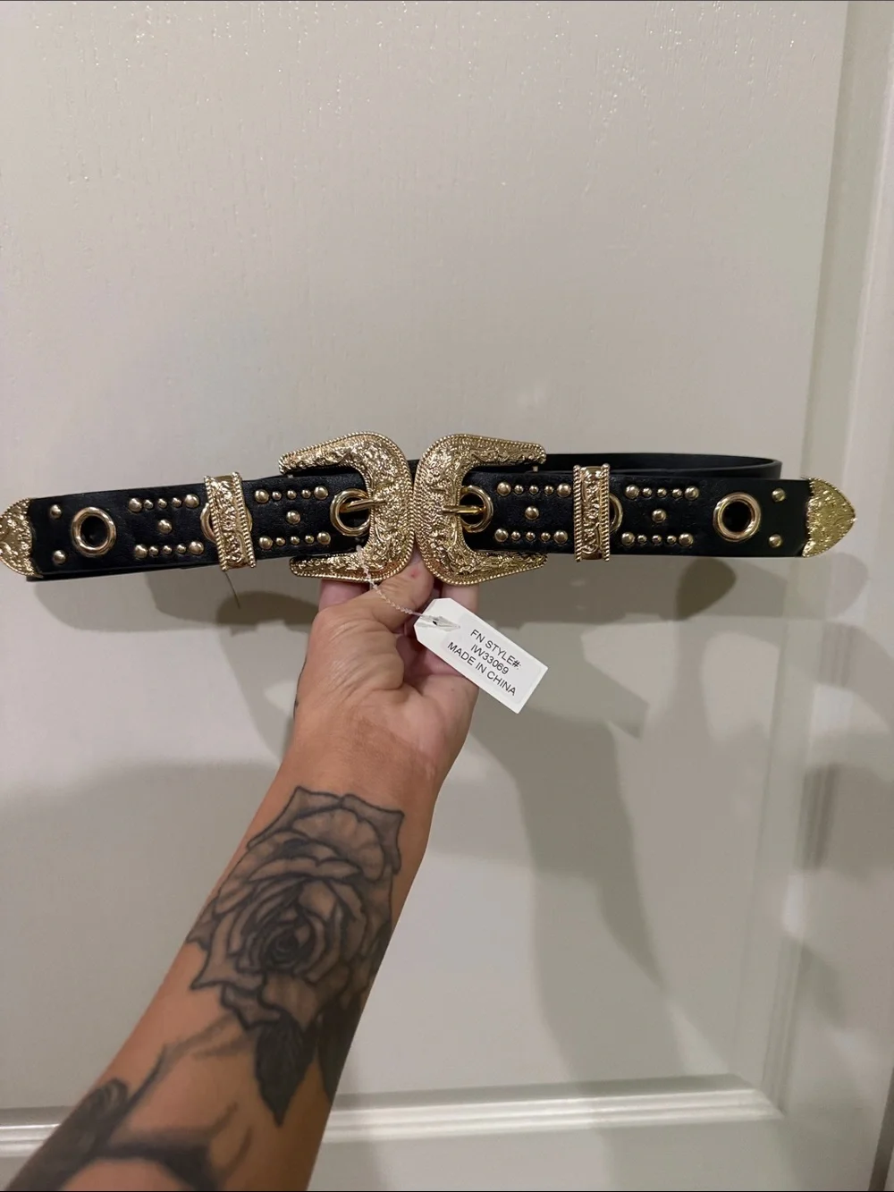 NWT Black Western Double Buckle Statement Belt with Gold Hardware